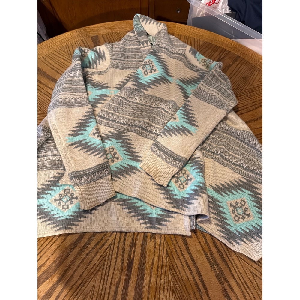 Dreamers by Debut Southwestern Geometric Open Front Cardigan M1430 Turquoise